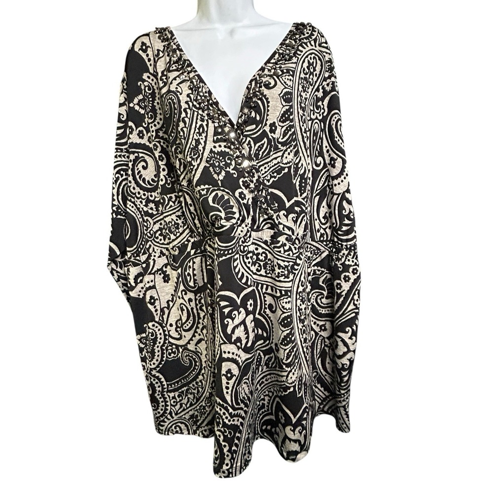 Avenue The Luxe Collection Beaded V-Neck Paisley Blouse Womens Size 26/28 Black